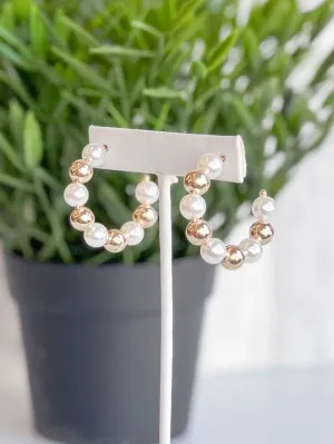 Statement Faux Pearl 18K Gold Filled Bead Open Hoop Earring 30mm