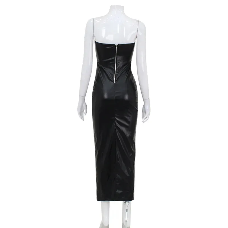Strapless PU Leather Tight Fitting Maxi Dress with Zipper Detail