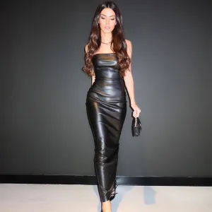 Strapless PU Leather Tight Fitting Maxi Dress with Zipper Detail