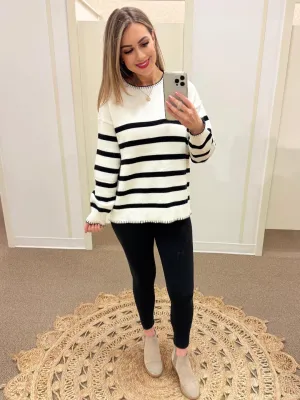Striped White Sweater with Black Trim Detail