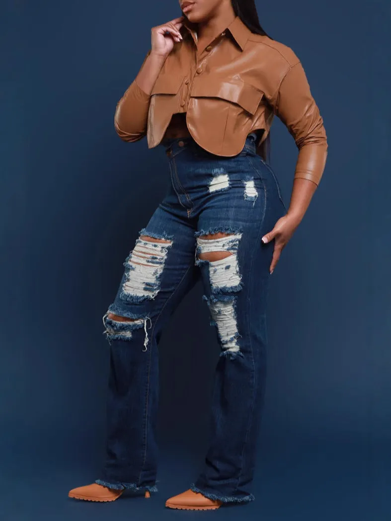 Stylish Turndown Collar PU Leather Jacket for Effortless Elegance
