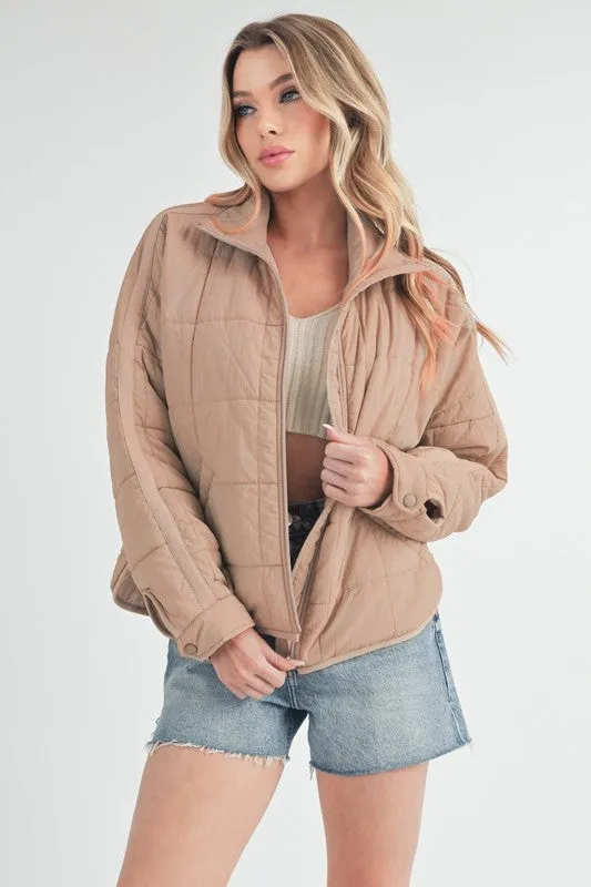 Tan Quilted Zip Up Puffer Jacket