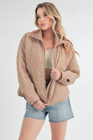 Tan Quilted Zip Up Puffer Jacket
