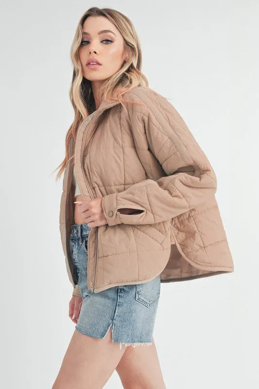 Tan Quilted Zip Up Puffer Jacket