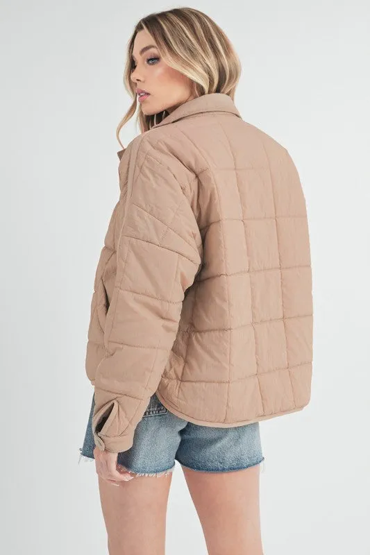 Tan Quilted Zip Up Puffer Jacket