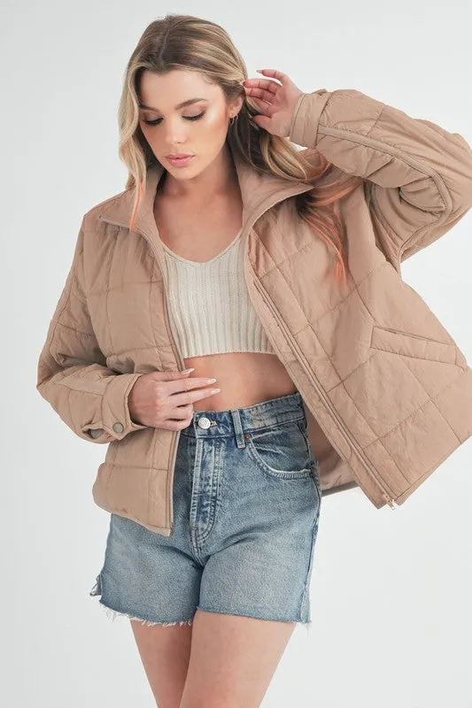Tan Quilted Zip Up Puffer Jacket