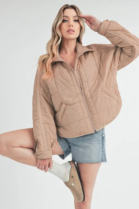 Tan Quilted Zip Up Puffer Jacket
