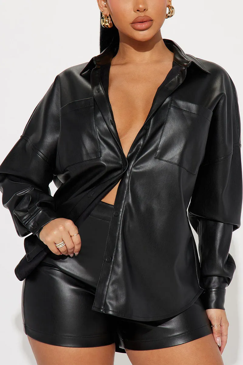 UG687 Faux Leather Jacket Top and Shorts Set