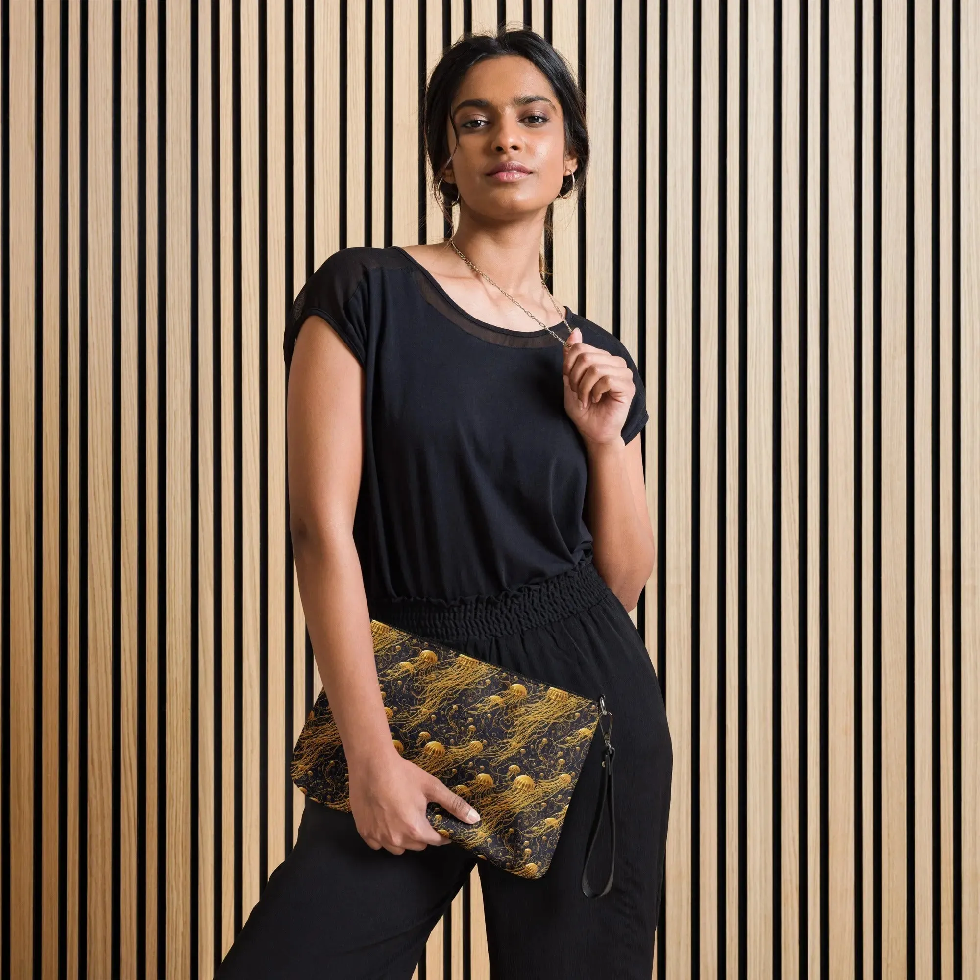 Versatile Crossbody Bag Black and Gold Jellyfishes