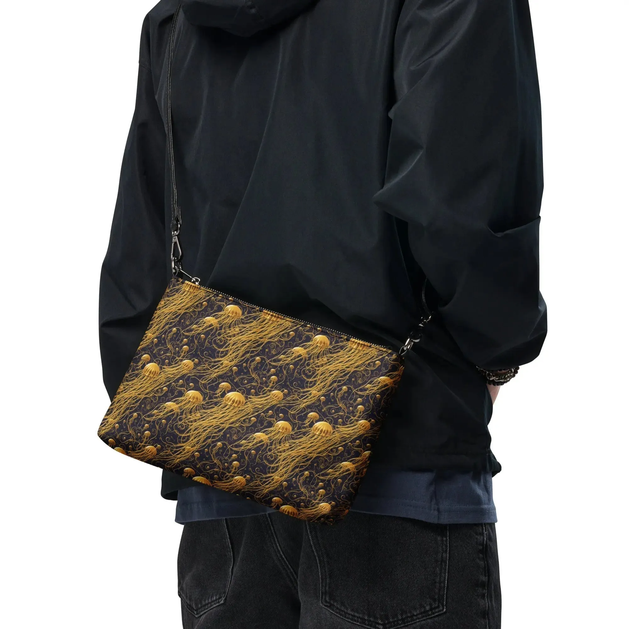 Versatile Crossbody Bag Black and Gold Jellyfishes