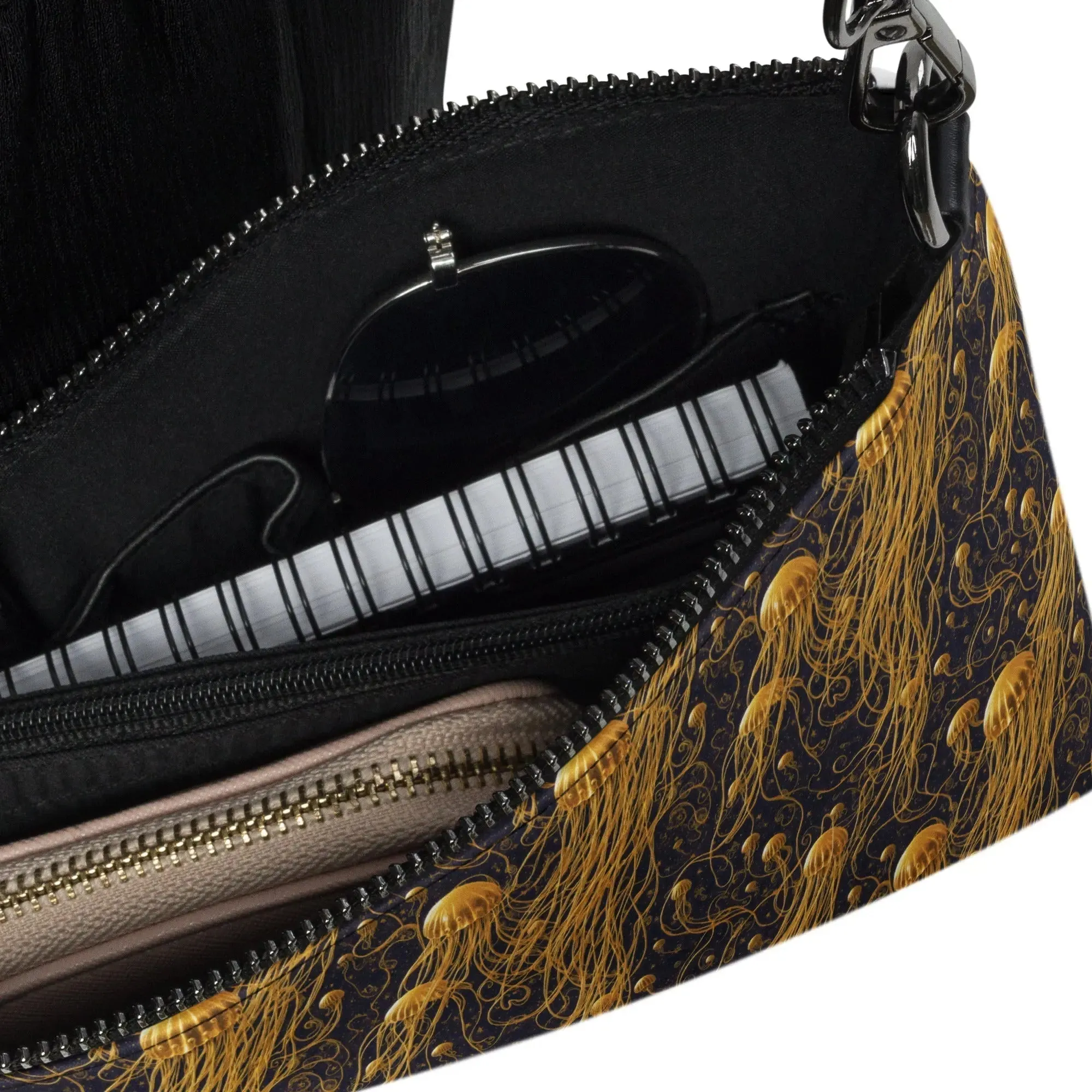 Versatile Crossbody Bag Black and Gold Jellyfishes