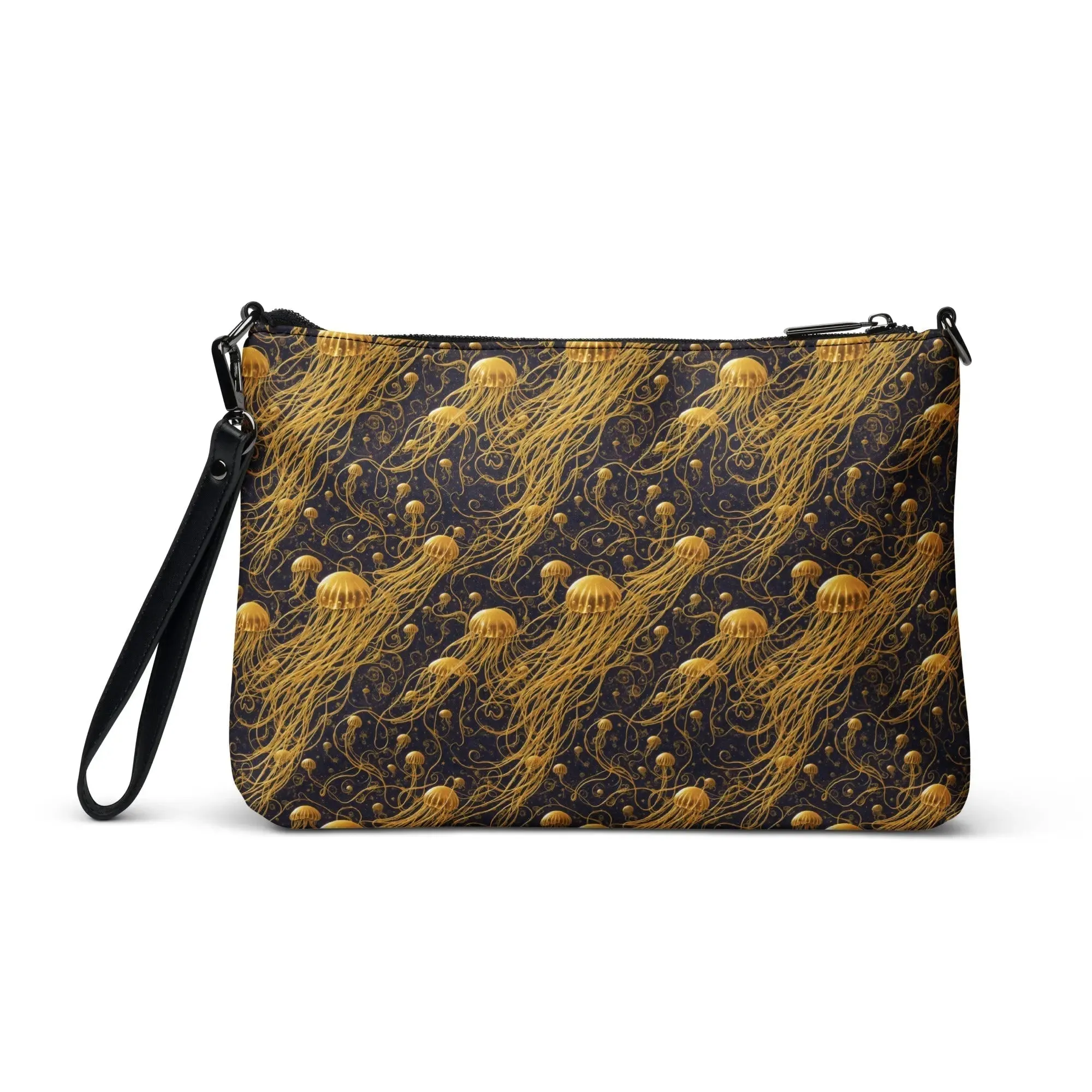 Versatile Crossbody Bag Black and Gold Jellyfishes