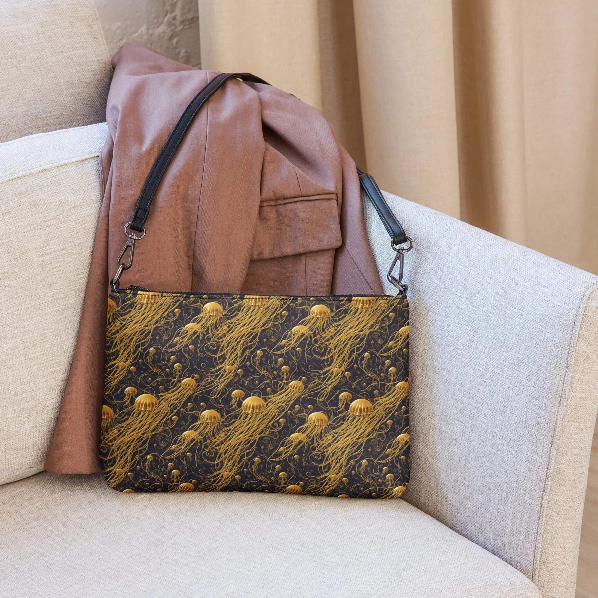 Versatile Crossbody Bag Black and Gold Jellyfishes