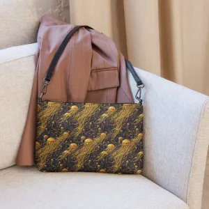 Versatile Crossbody Bag Black and Gold Jellyfishes