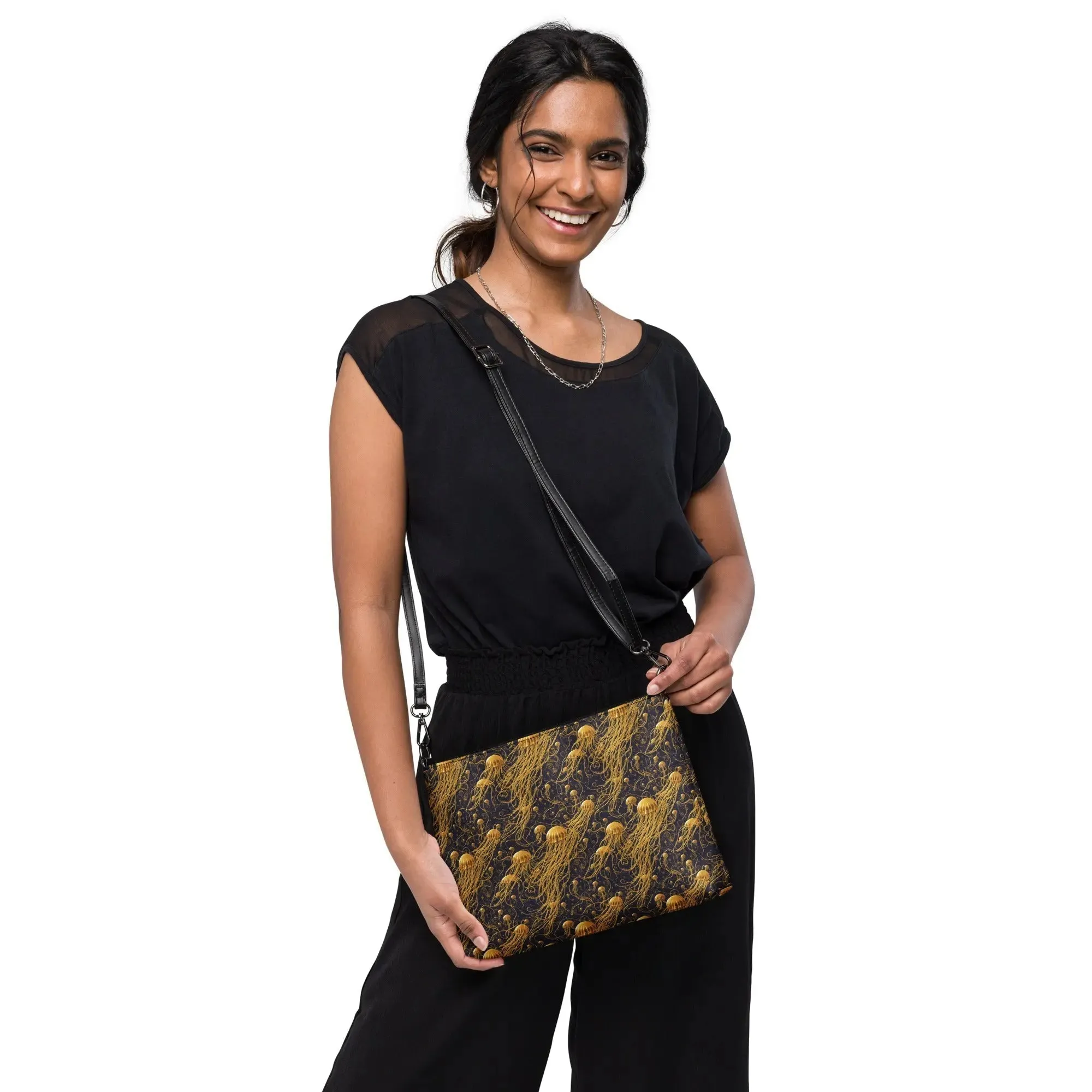 Versatile Crossbody Bag Black and Gold Jellyfishes
