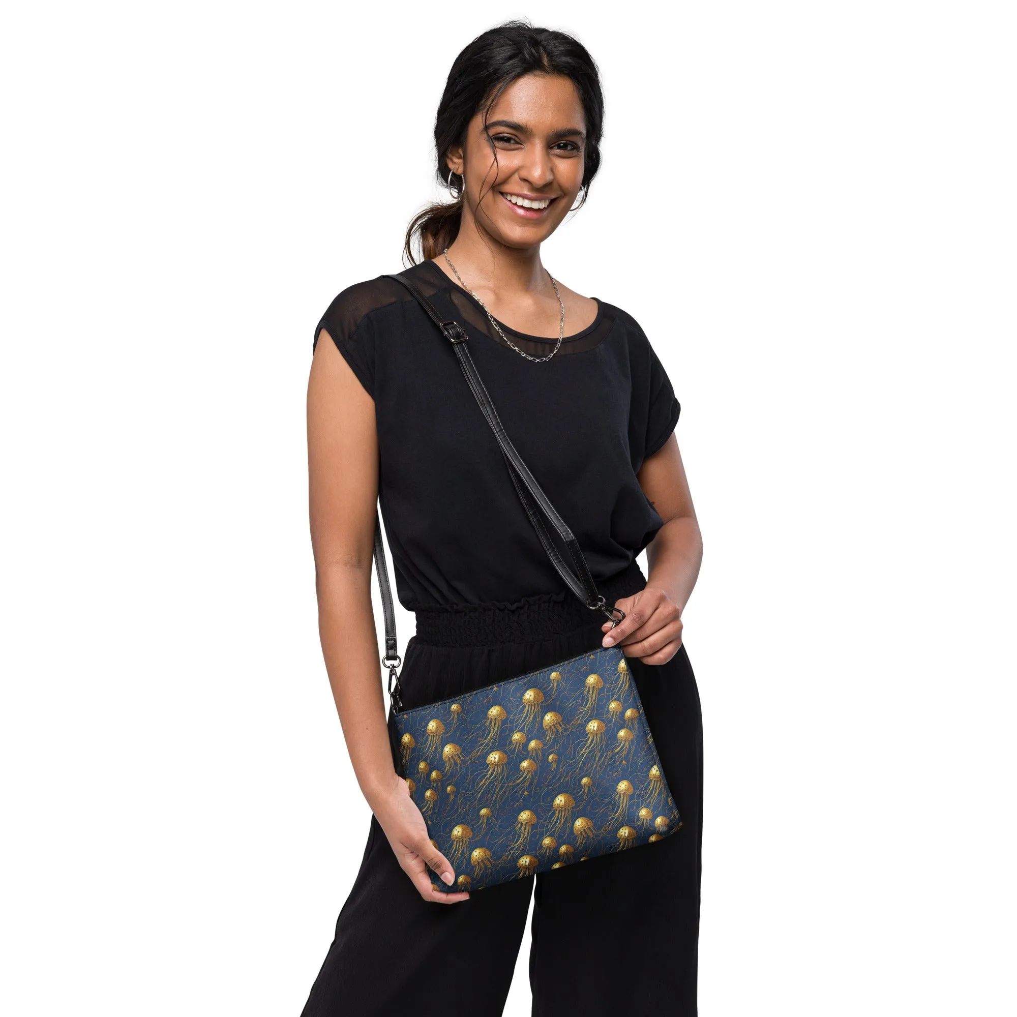 Versatile Crossbody Bag Blue and Gold Jellyfishes