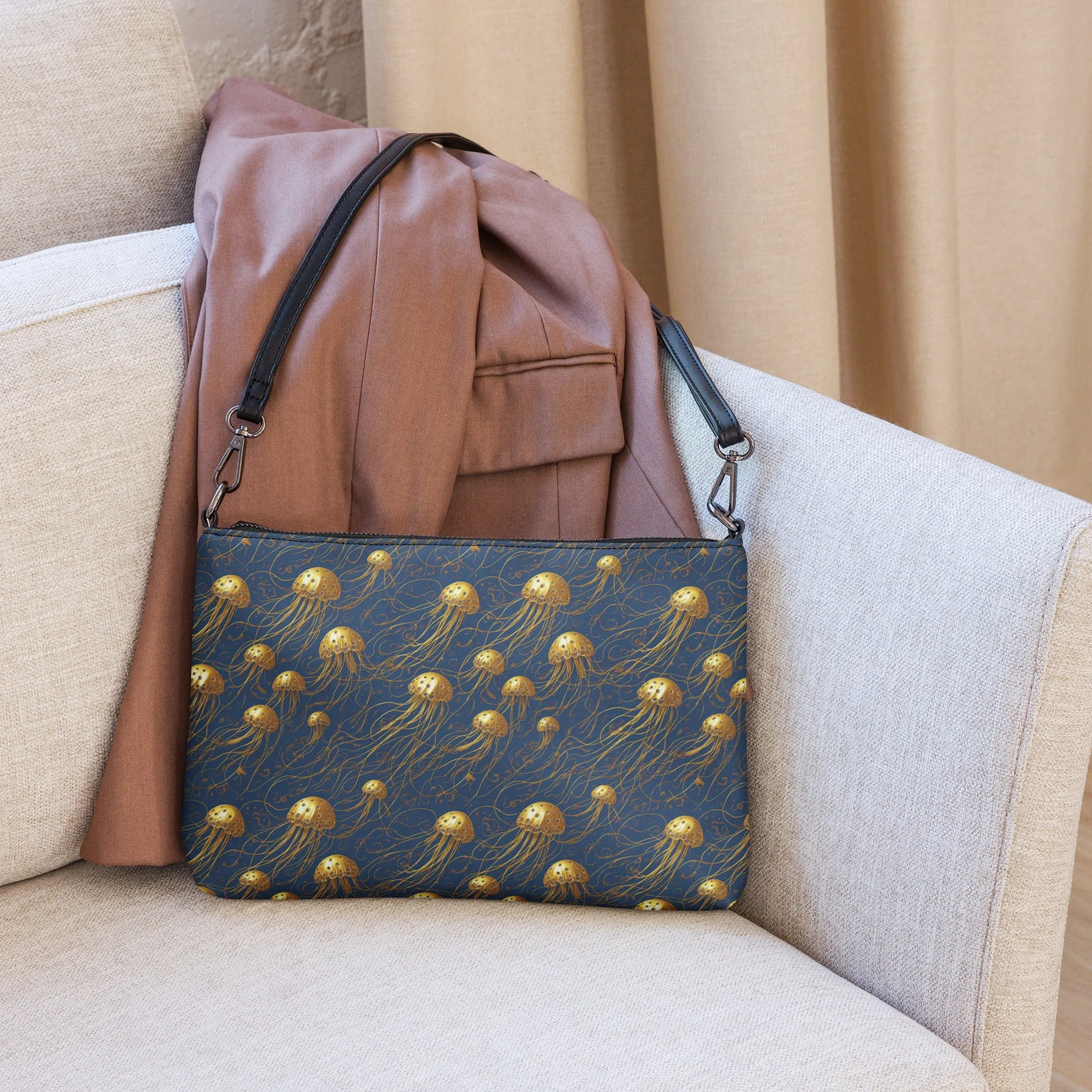 Versatile Crossbody Bag Blue and Gold Jellyfishes