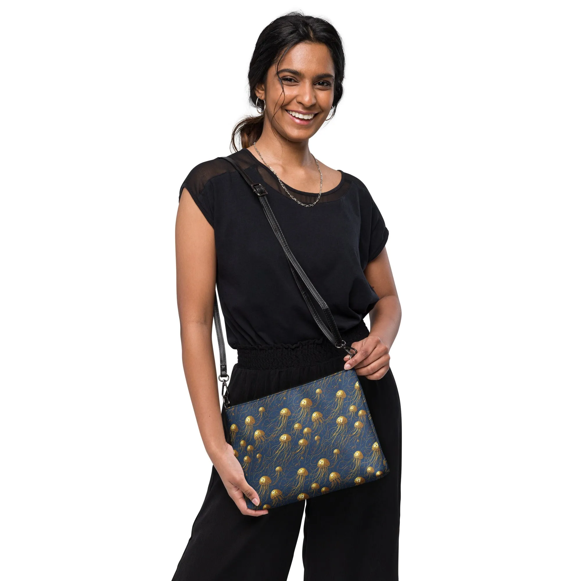 Versatile Crossbody Bag Blue and Gold Jellyfishes