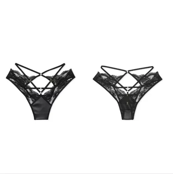 Victoria's Secret Black Faux Leather Fishnet Floral Open Back Brazilian Panty