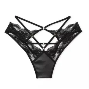 Victoria's Secret Black Faux Leather Fishnet Floral Open Back Brazilian Panty