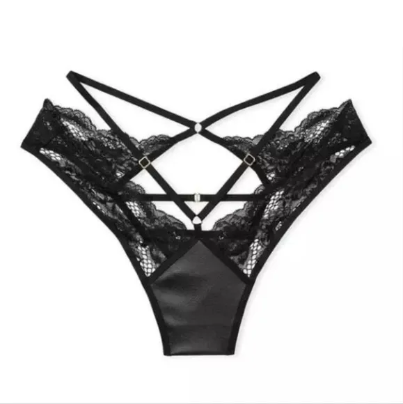 Victoria's Secret Black Faux Leather Fishnet Floral Open Back Brazilian Panty