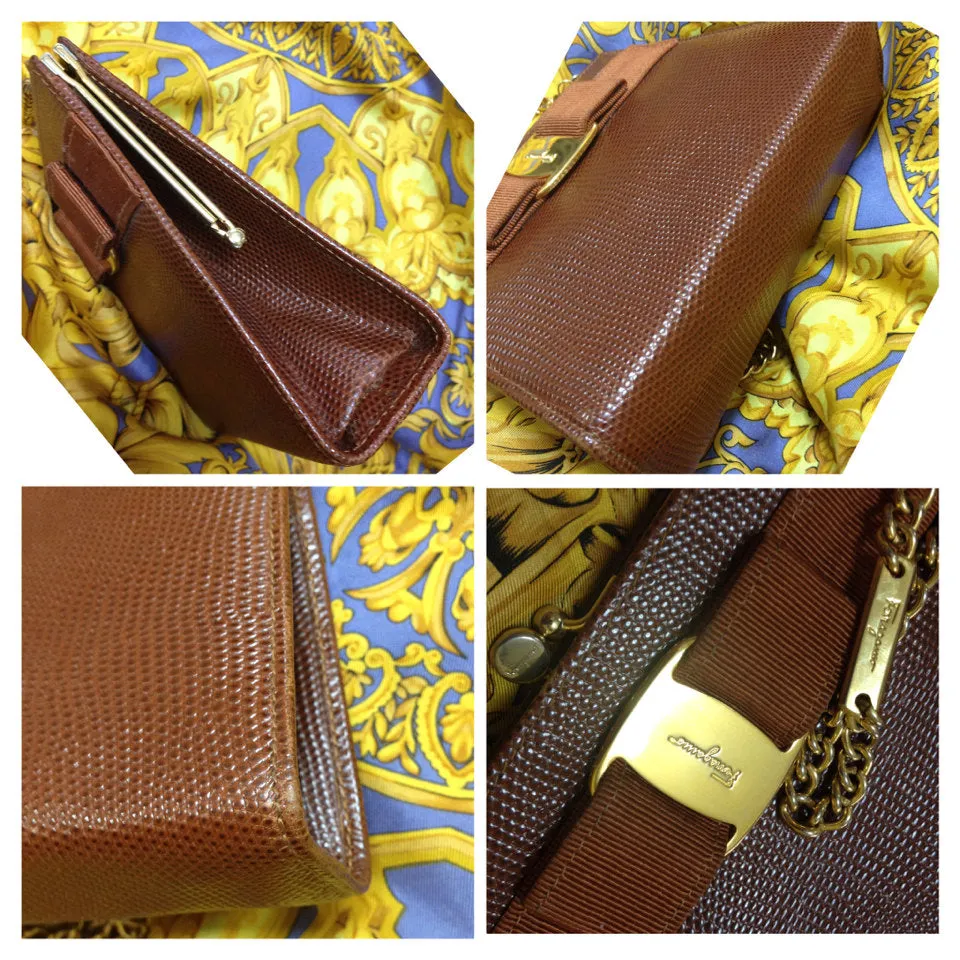 Vintage Salvatore Ferragamo brown lizard embossed leather golden chain clutch bag with vara gancini collection. Kiss lock closure purse.