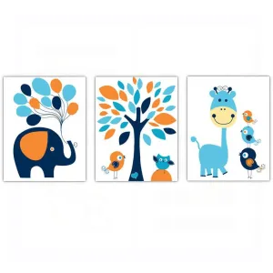 Whimsical Boys Elephant Bird Owl Nursery Wall Art Decor Poster, Print, Framed or Canvas - Set of 3