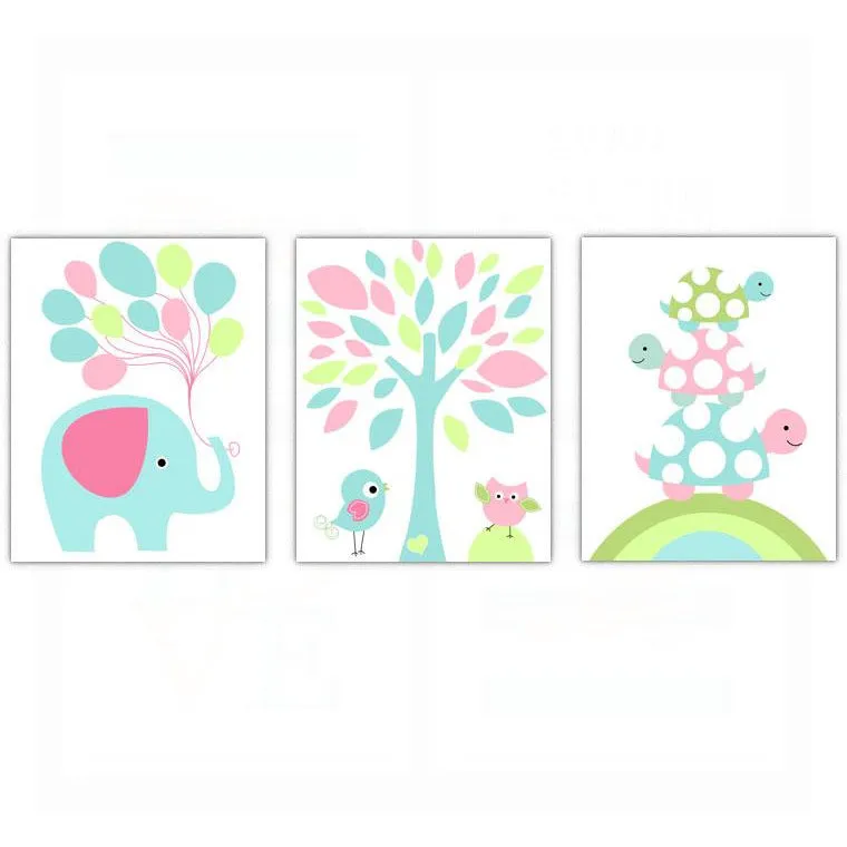 Whimsical Girls Elephant Bird Nursery Wall Art Decor Poster, Print, Framed or Canvas - Set of 3