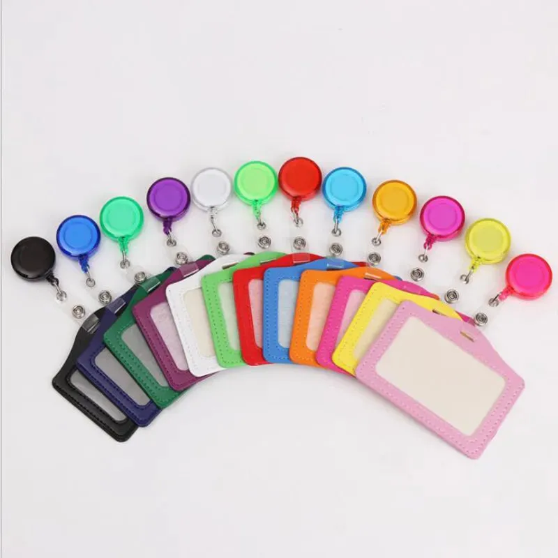 Women / Men Student Retractable Badge Reel ID Card Holder Cover Case Nurse Badge Lanyards Fashion PU Leather Card Holders Set