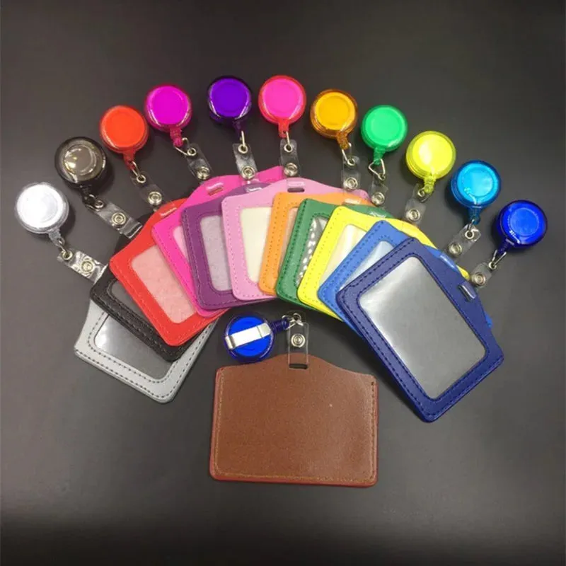Women / Men Student Retractable Badge Reel ID Card Holder Cover Case Nurse Badge Lanyards Fashion PU Leather Card Holders Set