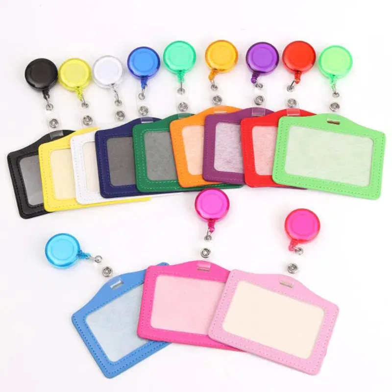 Women / Men Student Retractable Badge Reel ID Card Holder Cover Case Nurse Badge Lanyards Fashion PU Leather Card Holders Set