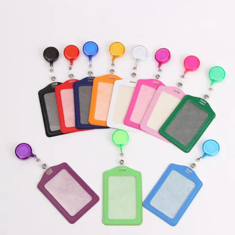 Women / Men Student Retractable Badge Reel ID Card Holder Cover Case Nurse Badge Lanyards Fashion PU Leather Card Holders Set