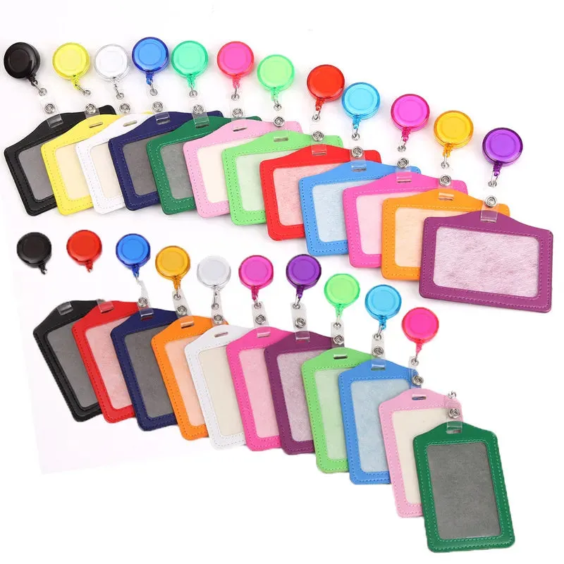 Women / Men Student Retractable Badge Reel ID Card Holder Cover Case Nurse Badge Lanyards Fashion PU Leather Card Holders Set