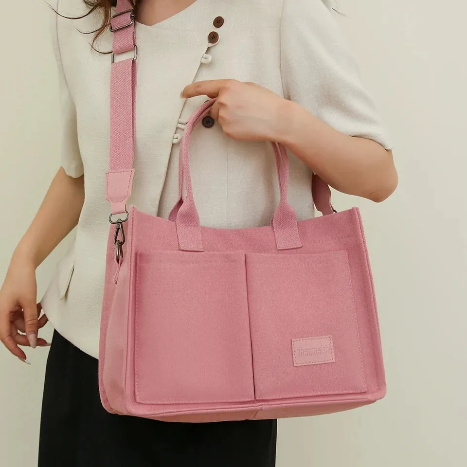 Women Retro Top Handle Bag Large Capacity Canvas Fashion Shoulder Bag Solid Color Adjustable Strap Square Commuting Bag