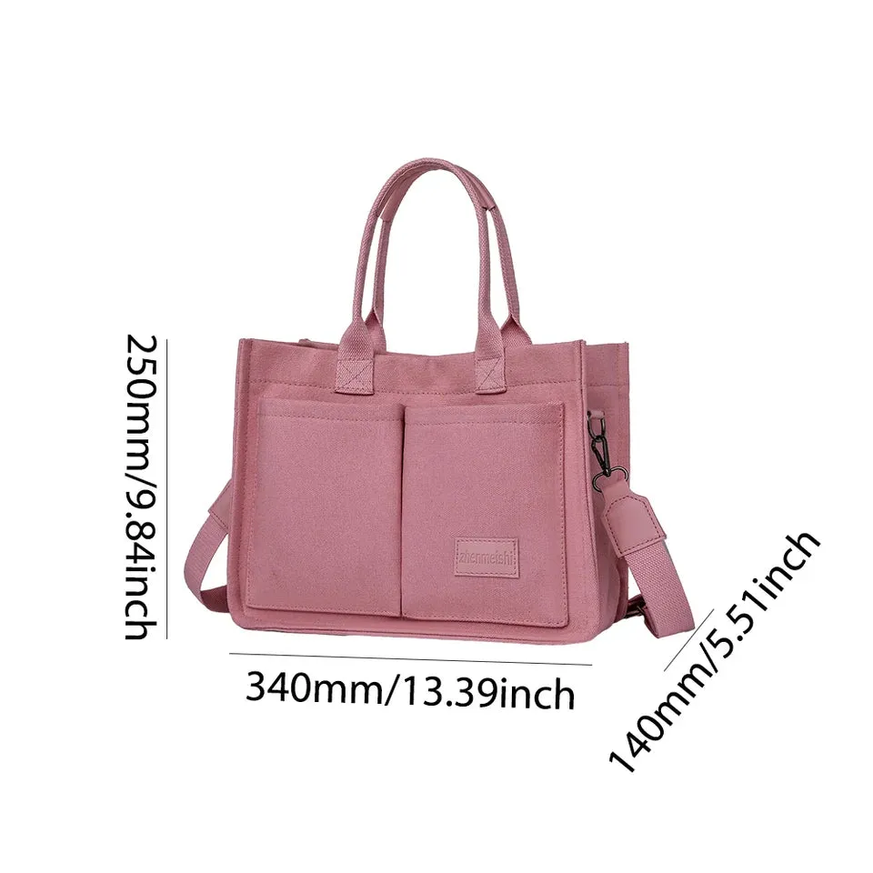 Women Retro Top Handle Bag Large Capacity Canvas Fashion Shoulder Bag Solid Color Adjustable Strap Square Commuting Bag