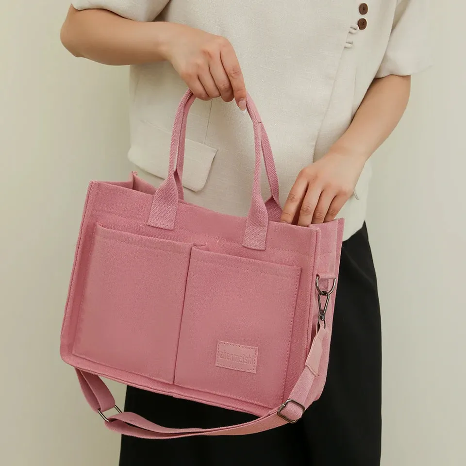 Women Retro Top Handle Bag Large Capacity Canvas Fashion Shoulder Bag Solid Color Adjustable Strap Square Commuting Bag