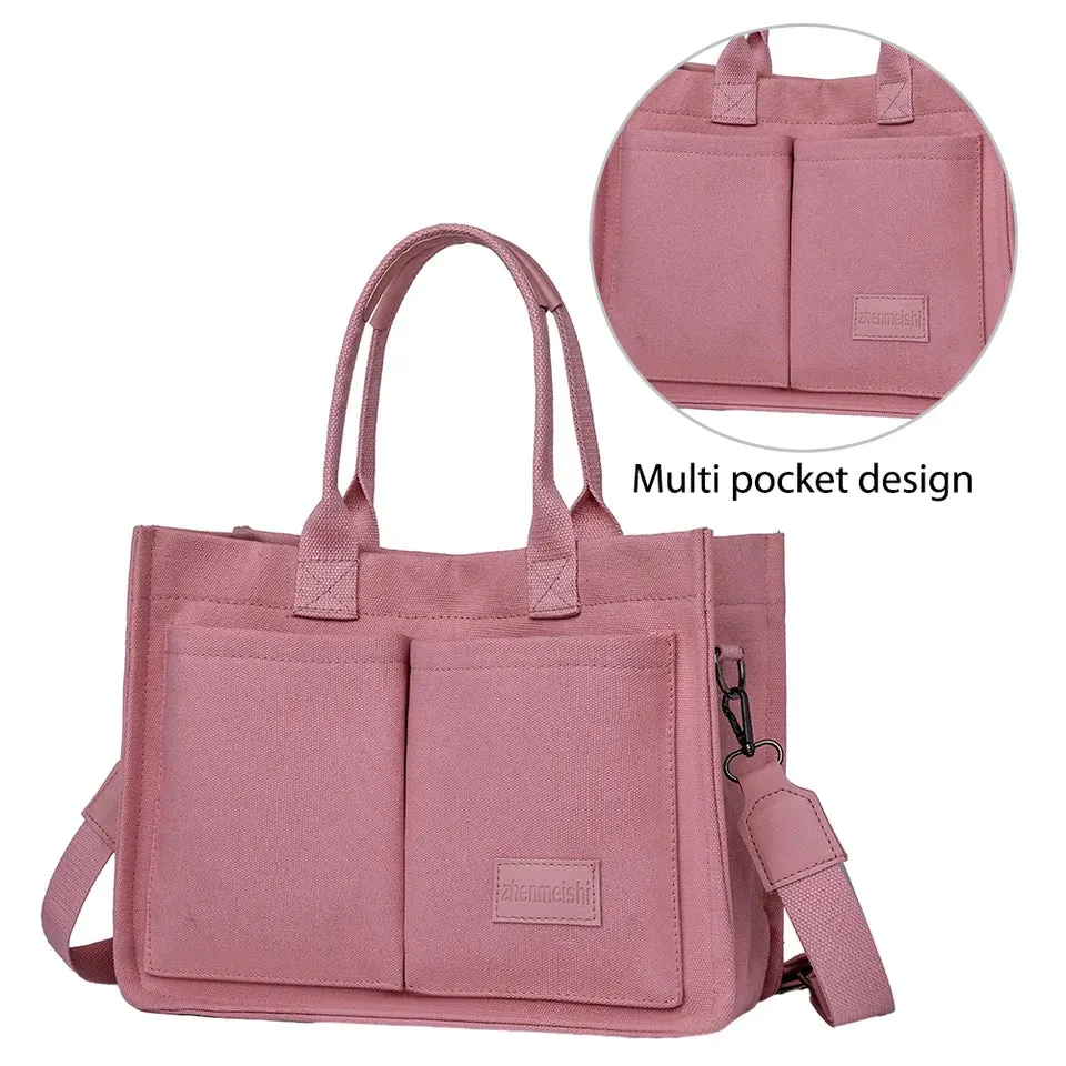 Women Retro Top Handle Bag Large Capacity Canvas Fashion Shoulder Bag Solid Color Adjustable Strap Square Commuting Bag